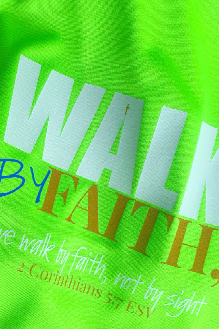 MyRock Walking Clothes visible lightning green men's t-shirt. Men's walking t-shirts with printed Bible verse Walk by Faith 2 Corinthians 5:7