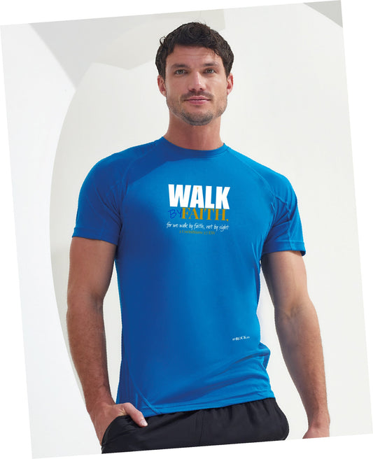 Male model wearing a MyRock activewear men's walking t-shirt. Walk by Faith men's tees are 100% polyester t-shirts printed with Bible verse 2 Corinthians 5:7 ESV. Fantastic lightweight t-shirts with mesh side panels, back and under arms for summer!