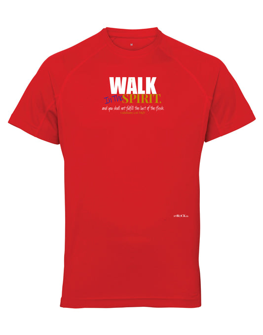Panelled Men's Walking T-shirts raglan short sleeves. Fire Red t-shirt printed with Walk in the Spirit Bible verse Galatians 5:16