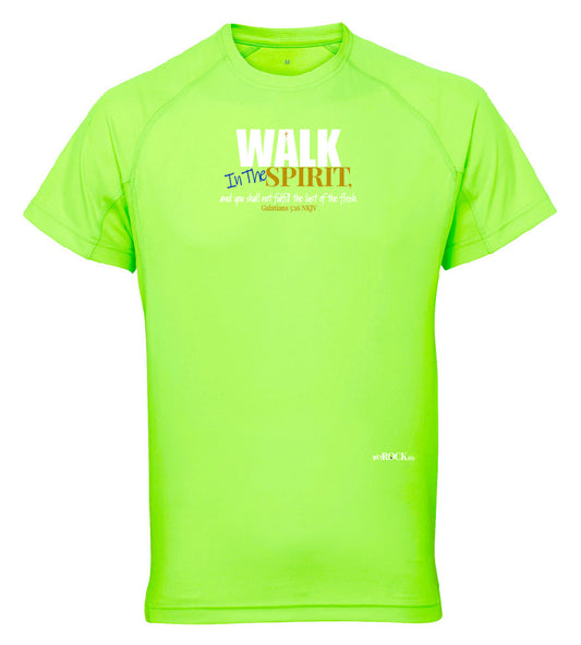 MyRock Activewear Walk in the Spirit men's hiking shirts shown in highly visible Bright green 100% polyester. Men's walking t-shirts with short raglan sleeves, crew neck and printed Bible verse Galatians 5:16